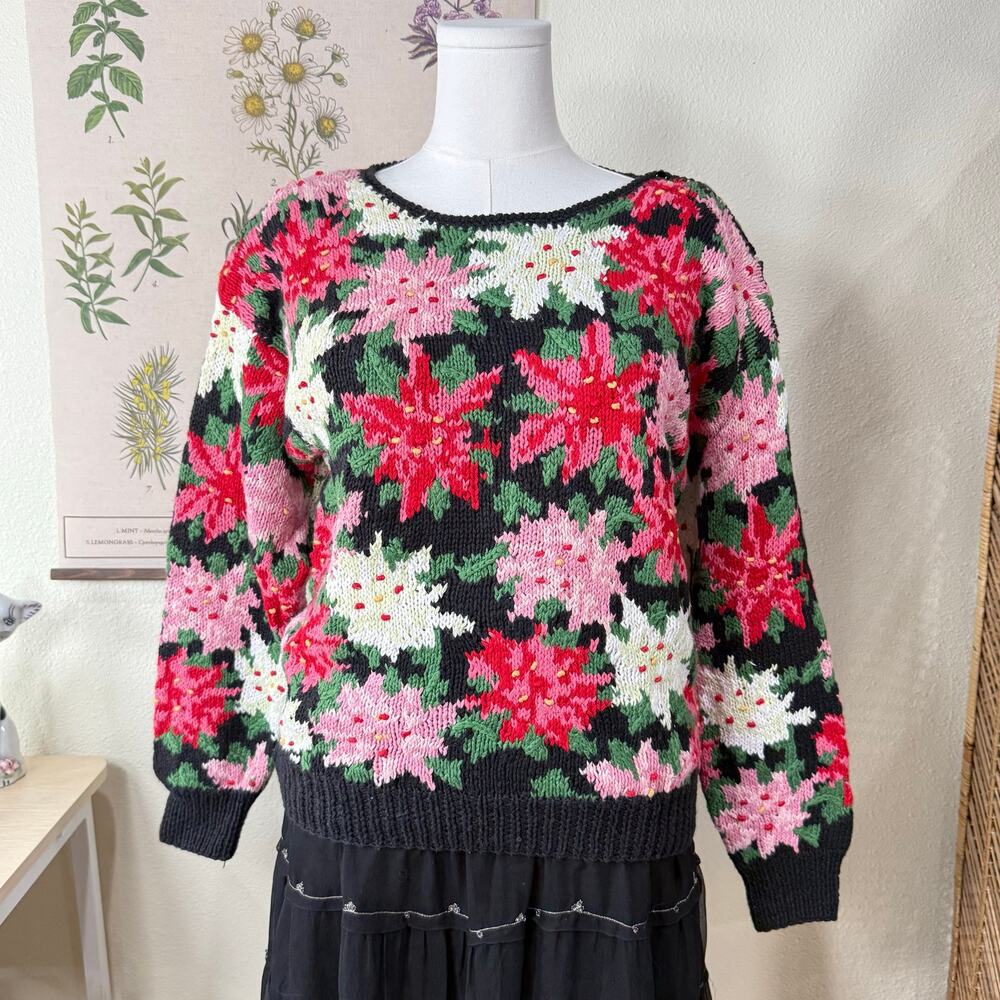 Vintage 80s 90s Poinsettia Floral Hand Knit Sweater Cottagecore Winter Grandma L